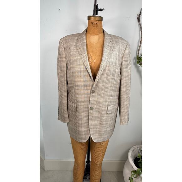 Tiglio Luxe Wool Silk Blazer | Beige Plaid Sport Coat for Men | Italian Tailored - Picture 1 of 10